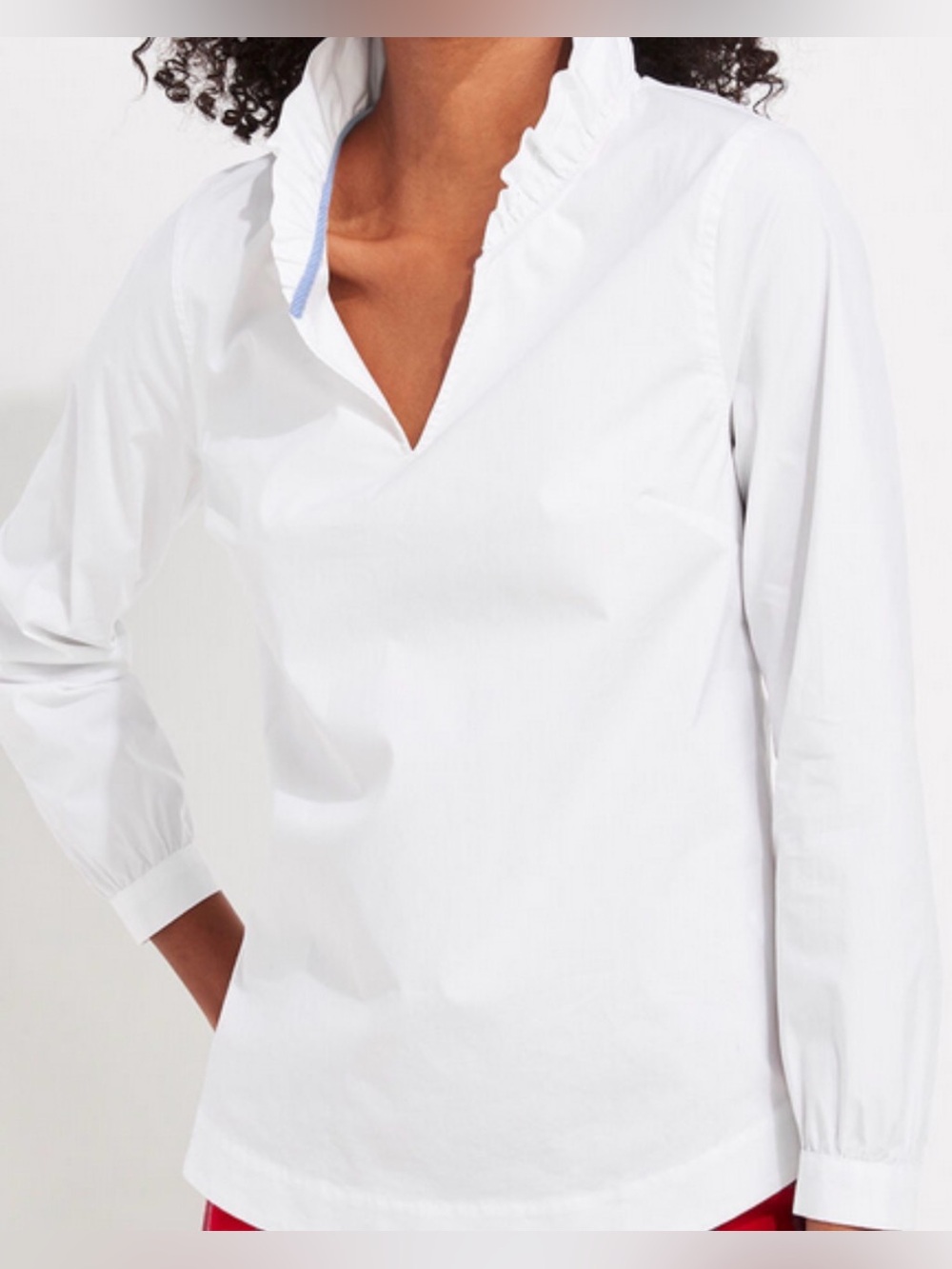 Vineyard Vines Womens L White Ruffle Neck Popover Blouse Cotton Stretch Preppy